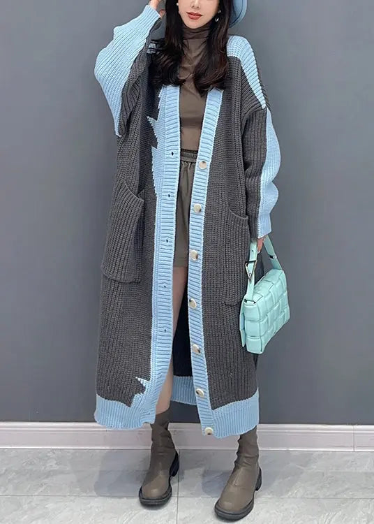 Loose Grey V Neck Pockets Patchwork Long Knit Cardigan Fall Ada Fashion