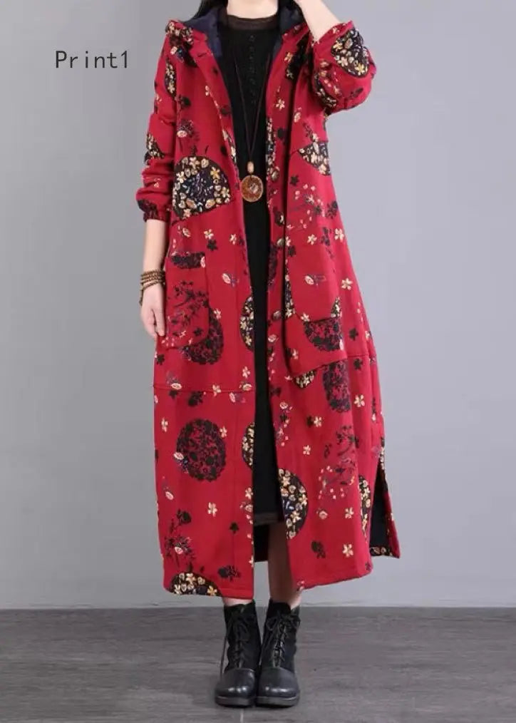 Loose Hooded Button Print Patchwork Fine Cotton Filled Coat Winter Ada Fashion