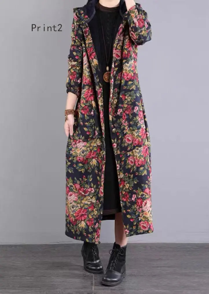 Loose Hooded Button Print Patchwork Fine Cotton Filled Coat Winter Ada Fashion