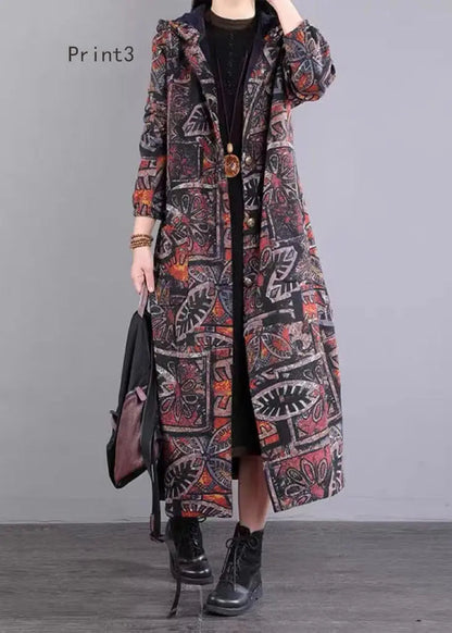 Loose Hooded Button Print Patchwork Fine Cotton Filled Coat Winter Ada Fashion