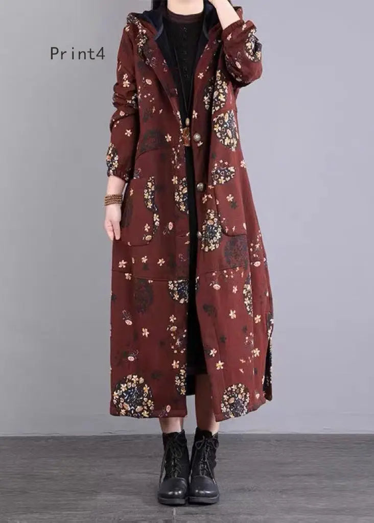 Loose Hooded Button Print Patchwork Fine Cotton Filled Coat Winter Ada Fashion