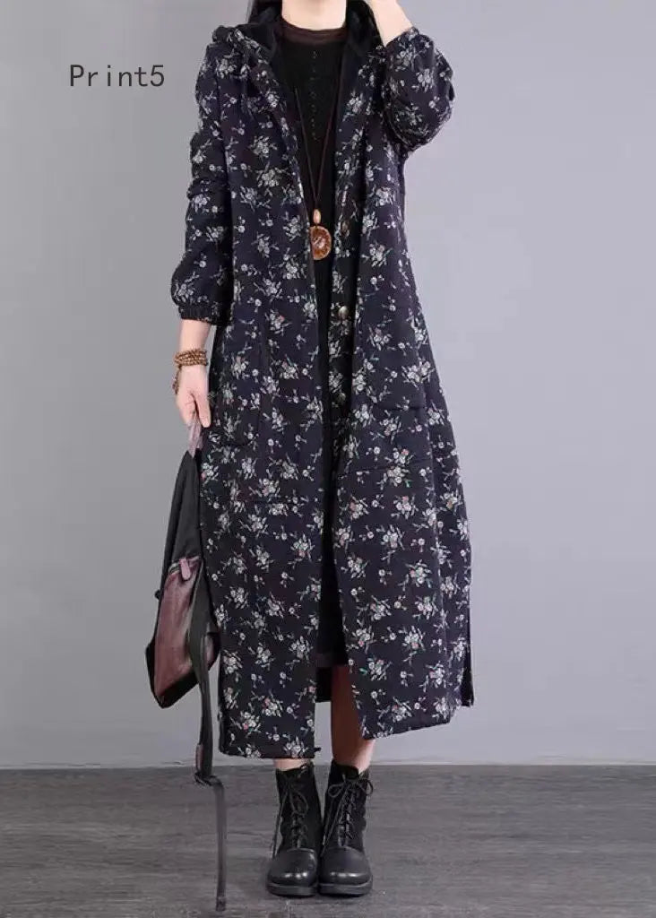 Loose Hooded Button Print Patchwork Fine Cotton Filled Coat Winter Ada Fashion