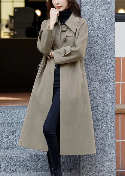 Loose Khaki Button Pockets Patchwork Cashmere Coats Long Sleeve Ada Fashion