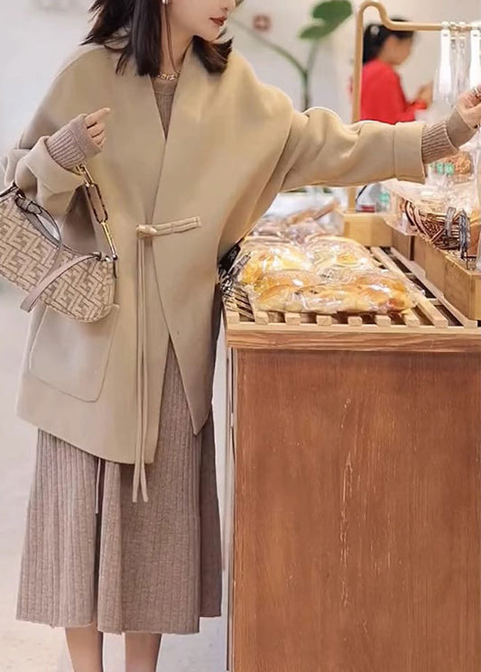Loose Khaki Button Pockets Patchwork Woolen Two Pieces Set Fall Ada Fashion