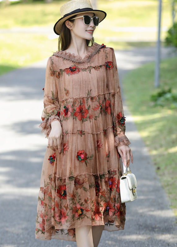 Loose Khaki Embroideried Patchwork Ruffled Silk Hooded Dress AC3038 - fabuloryshop