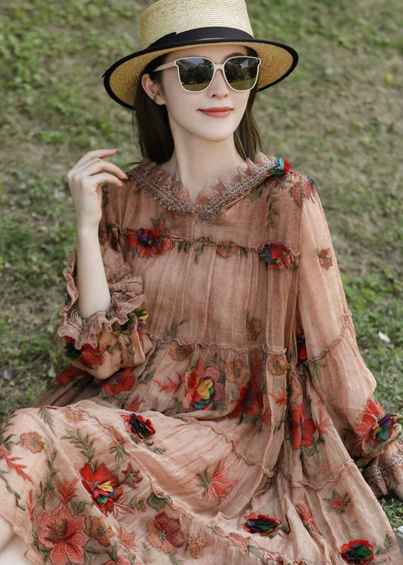 Loose Khaki Embroideried Patchwork Ruffled Silk Hooded Dress Spring LY0732 - fabuloryshop