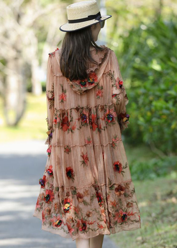 Loose Khaki Embroideried Patchwork Ruffled Silk Hooded Dress AC3038 - fabuloryshop