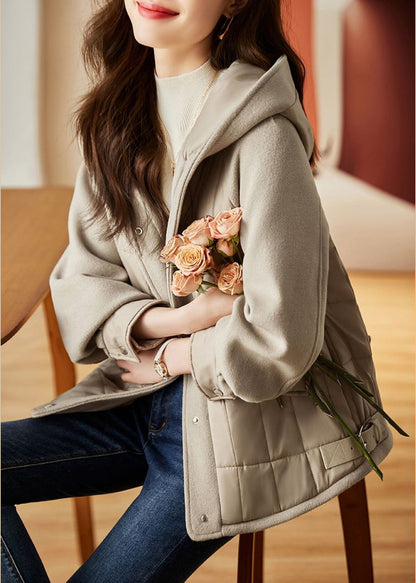 Loose Khaki Hooded Button Pockets Thick Coat Winter Ada Fashion