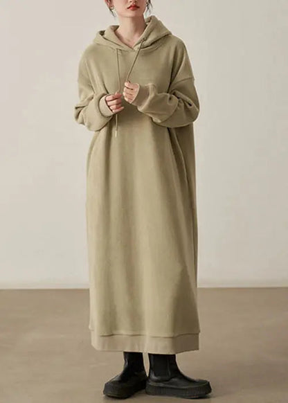 Loose Khaki Hooded Pockets  Woolen Long Dresses Fall Ada Fashion