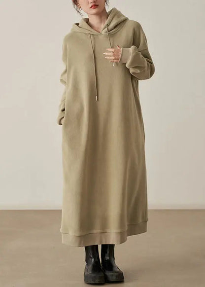 Loose Khaki Hooded Pockets  Woolen Long Dresses Fall Ada Fashion