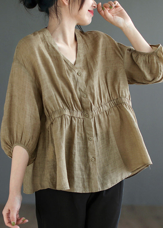 Loose Khaki Low High Design Patchwork Linen Top Summer Ada Fashion