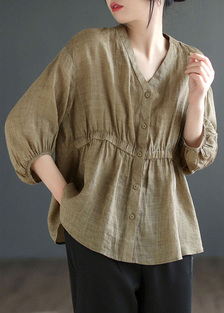 Loose Khaki Low High Design Patchwork Linen Top Summer Ada Fashion