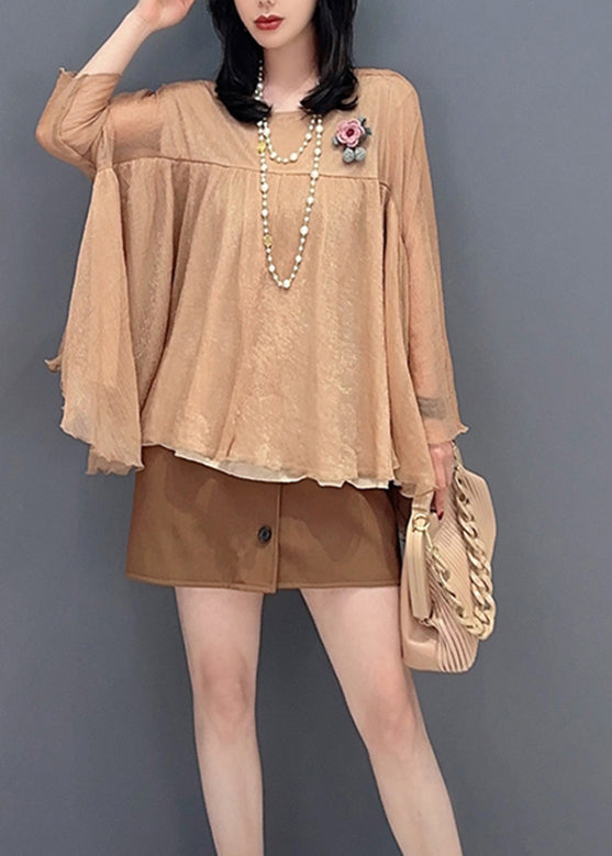 Loose Khaki O-Neck Patchwork Tulle Tops Long Sleeve LC0322 - fabuloryshop