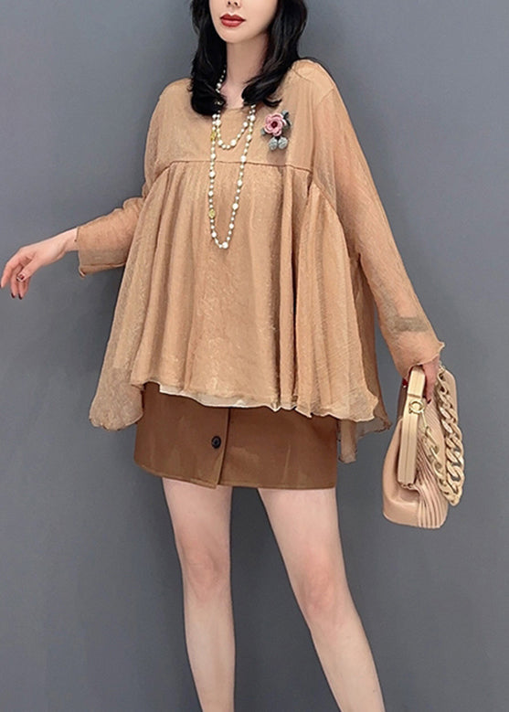 Loose Khaki O-Neck Patchwork Tulle Tops Long Sleeve LC0322 - fabuloryshop