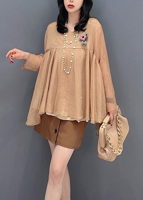 Loose Khaki O-Neck Patchwork Tulle Tops Long Sleeve LC0322 - fabuloryshop