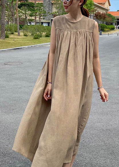 Loose Khaki O-Neck Patchwork Wrinkled LLong Dress Summer LY2114 - fabuloryshop