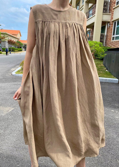 Loose Khaki O-Neck Patchwork Wrinkled LLong Dress Summer LY2114 - fabuloryshop