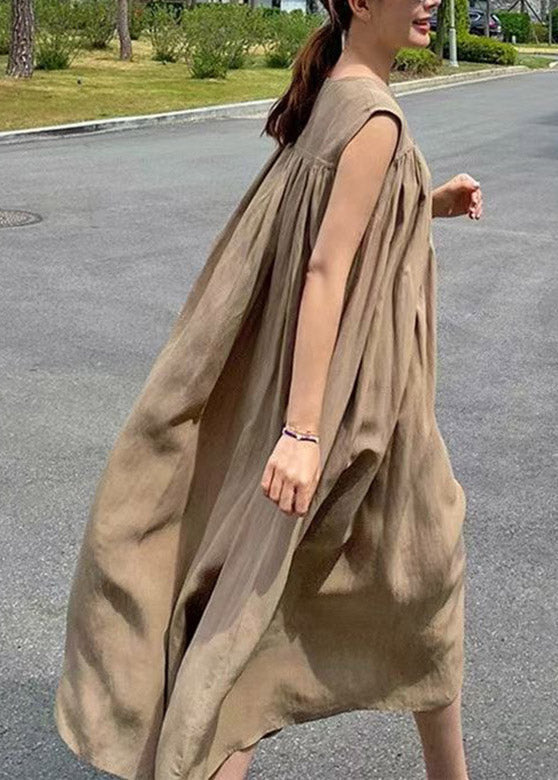 Loose Khaki O-Neck Patchwork Wrinkled LLong Dress Summer LY2114 - fabuloryshop