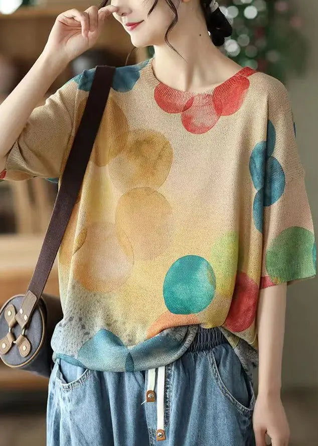 Loose Khaki O Neck Print Thin Cotton Knit T Shirt Summer Ada Fashion