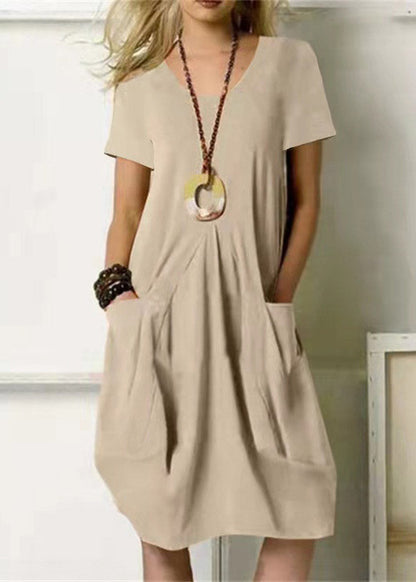 Loose Khaki O-Neck Wrinkled Solid Linen Long Dresses Short Sleeve LY3882 - fabuloryshop