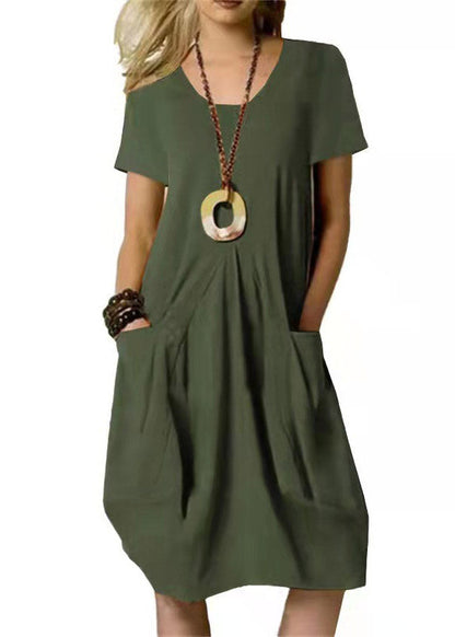 Loose Khaki O-Neck Wrinkled Solid Linen Long Dresses Short Sleeve LY3882 - fabuloryshop