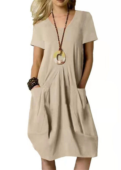 Loose Khaki O-Neck Wrinkled Solid Linen Long Dresses Short Sleeve LY3882 - fabuloryshop