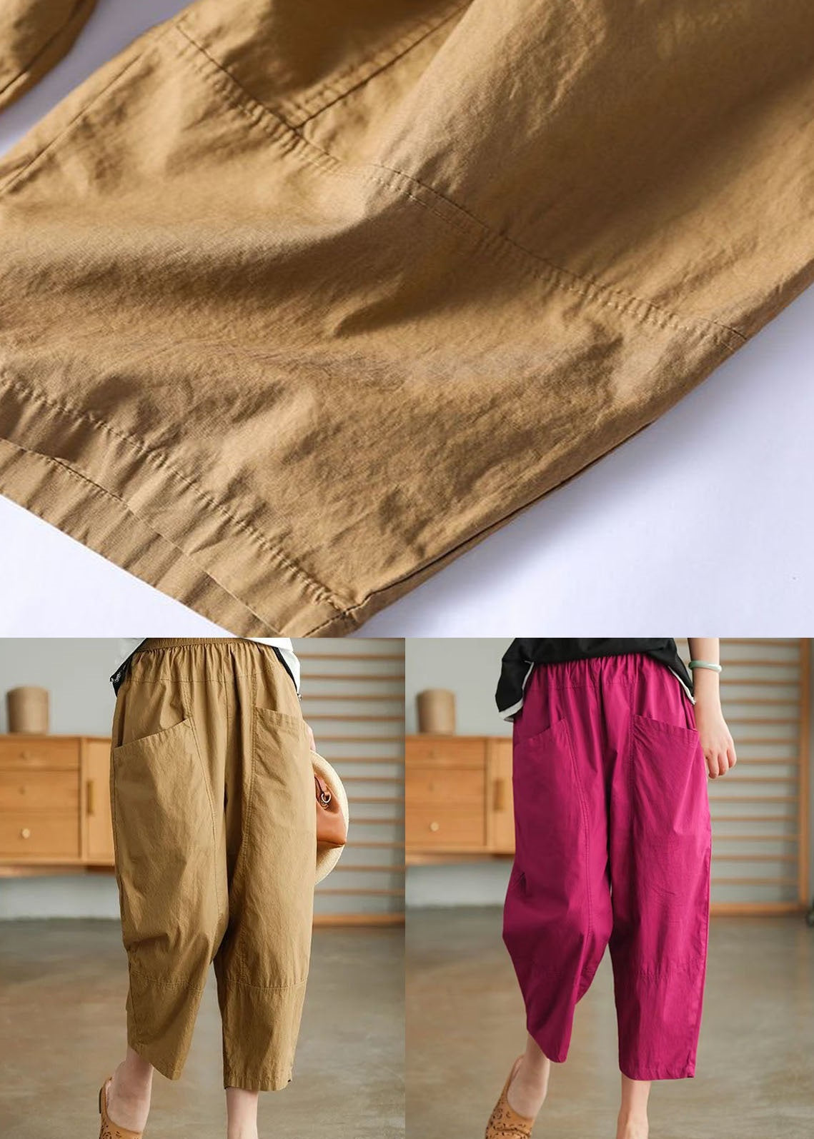 Loose Khaki Pockets Patchwork Cotton Crop Pants Summer LY0591