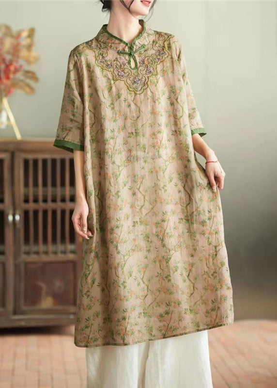 Loose Khaki Stand Collar Embroideried Button Ramie Maxi Dress Half Sleeve LY2853