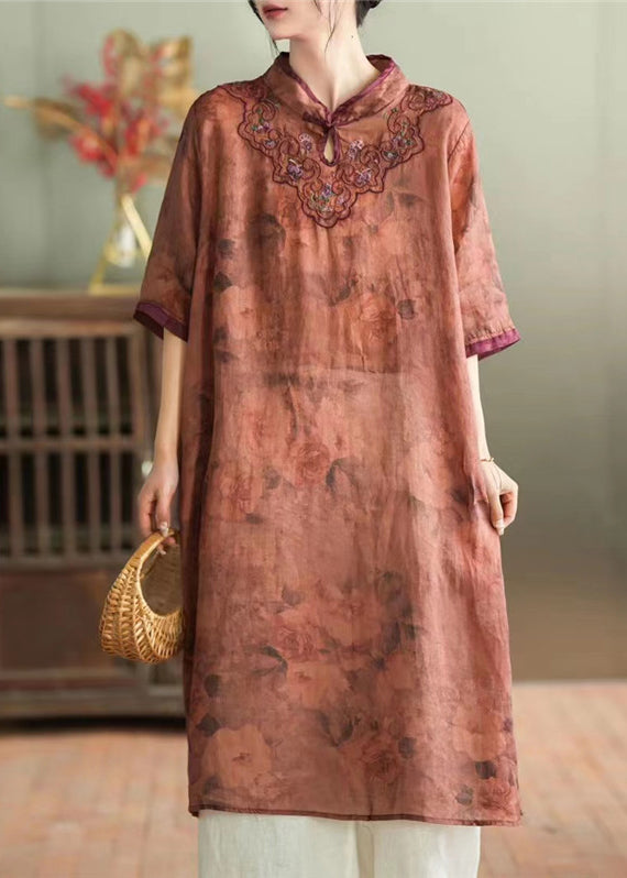 Loose Khaki Stand Collar Embroideried Button Ramie Maxi Dress Half Sleeve LY2853