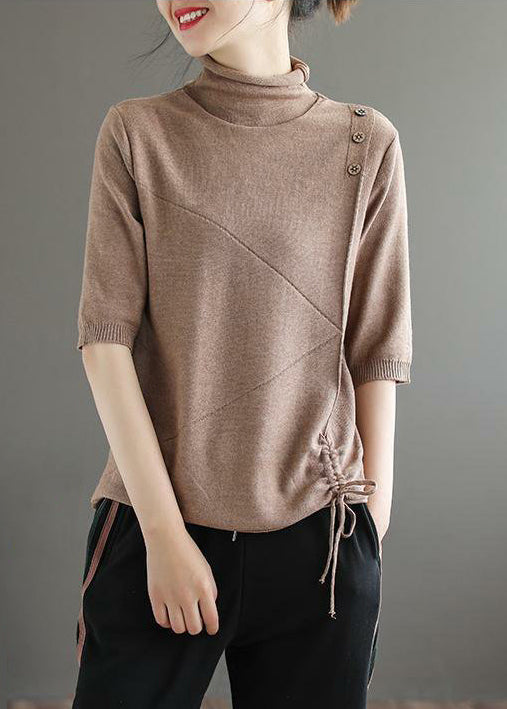 Loose Khaki Turtleneck Drawstring Patchwork Knit Tops Half Sleeve Ada Fashion