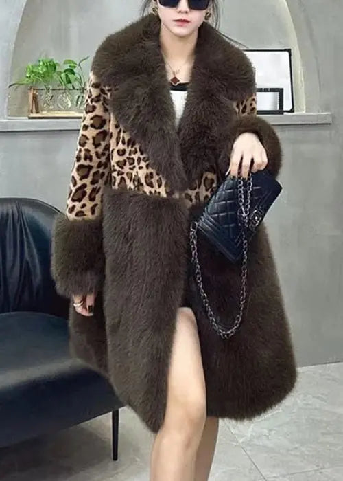 Loose Leopard Fur Collar Button Leather And Fur Coat Long Sleeve Ada Fashion