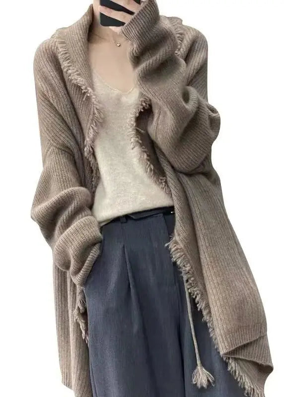 Loose Light Camel Tasseled Patchwork Knit Cardigans Fall Ada Fashion