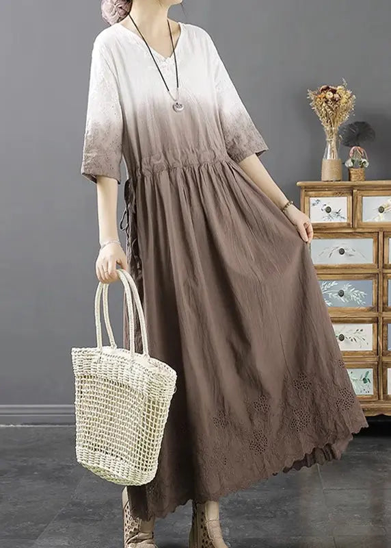 Loose Light Coffee Patchwork Drawstring Maxi Dresses Bracelet Sleeve Ada Fashion