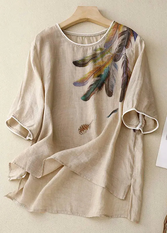 Loose Linen Colour Print Low High Design Patchwork Cotton T Shirts Summer Ada Fashion