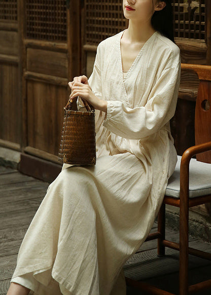 Loose Linen V Neck Wrinkled Patchwork Linen Long Dresses Fall Ada Fashion