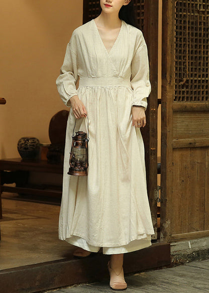 Loose Linen V Neck Wrinkled Patchwork Linen Long Dresses Fall Ada Fashion