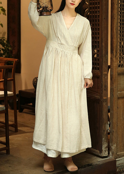 Loose Linen V Neck Wrinkled Patchwork Linen Long Dresses Fall Ada Fashion