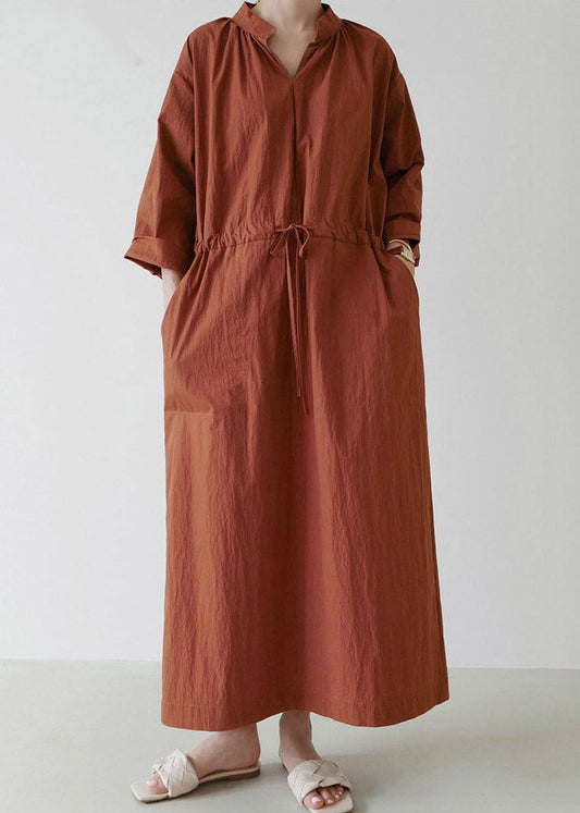 Loose Mulberry V Neck Drawstring Tie Waist Linen Holiday Long Dress Long Sleeve LY2921 - fabuloryshop