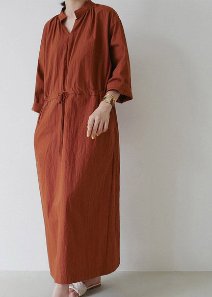 Loose Mulberry V Neck Drawstring Tie Waist Linen Holiday Long Dress Long Sleeve LY2921 - fabuloryshop