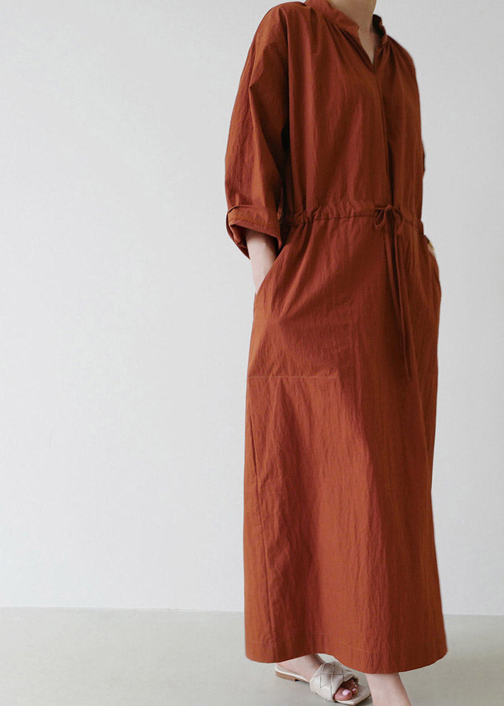 Loose Mulberry V Neck Drawstring Tie Waist Linen Holiday Long Dress Long Sleeve LY2921 - fabuloryshop