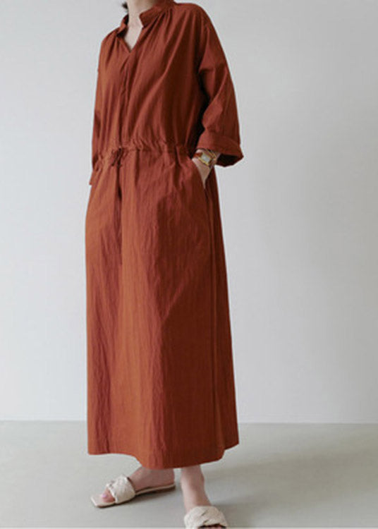 Loose Mulberry V Neck Drawstring Tie Waist Linen Holiday Long Dress Long Sleeve LY2921