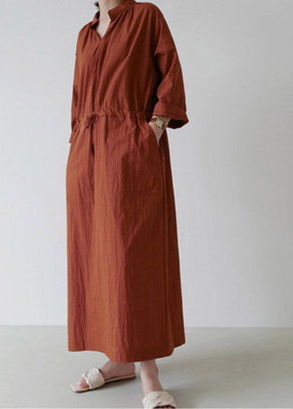 Loose Mulberry V Neck Drawstring Tie Waist Linen Holiday Long Dress Long Sleeve LY2921 - fabuloryshop