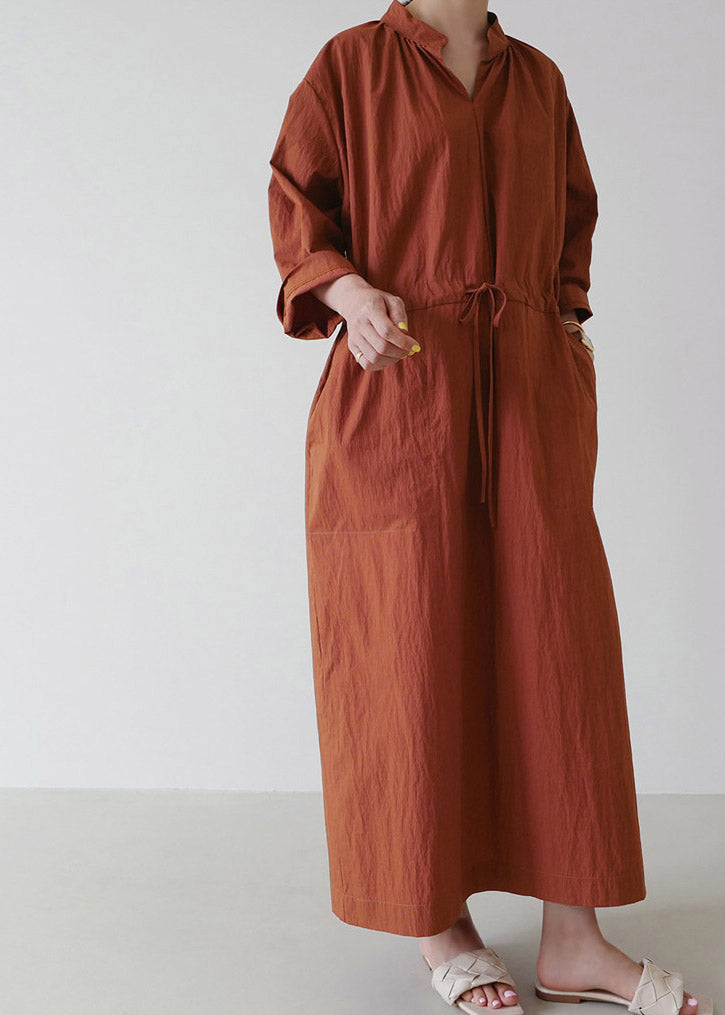 Loose Mulberry V Neck Drawstring Tie Waist Linen Holiday Long Dress Long Sleeve LY2921