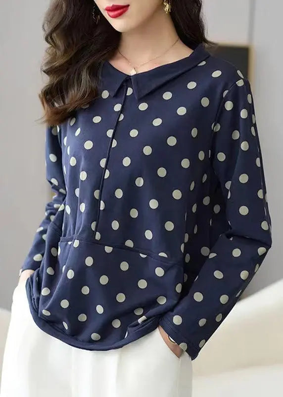 Loose Navy Dot Patchwork Cotton Top Long Sleeve Ada Fashion