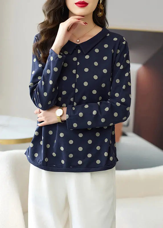 Loose Navy Dot Patchwork Cotton Top Long Sleeve Ada Fashion