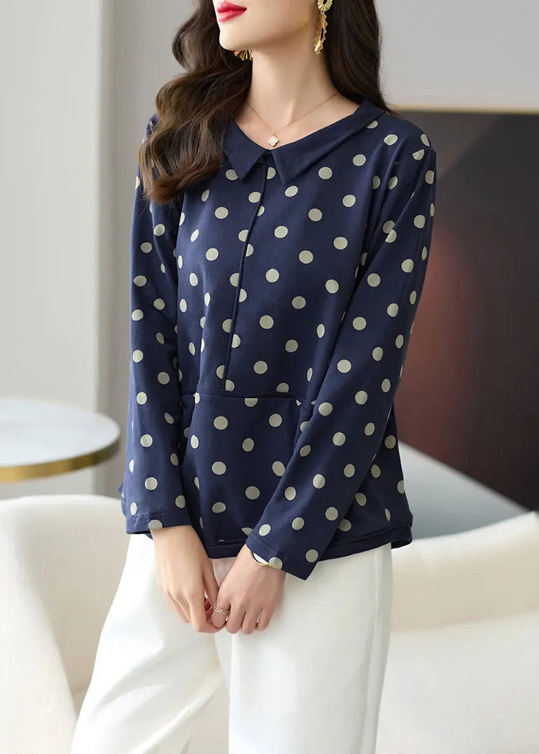 Loose Navy Dot Patchwork Cotton Top Long Sleeve Ada Fashion