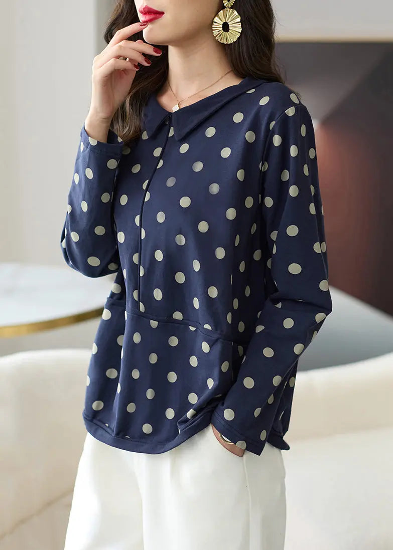 Loose Navy Dot Patchwork Cotton Top Long Sleeve Ada Fashion