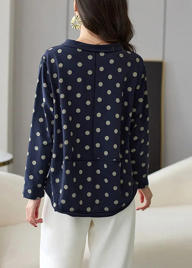 Loose Navy Dot Patchwork Cotton Top Long Sleeve Ada Fashion