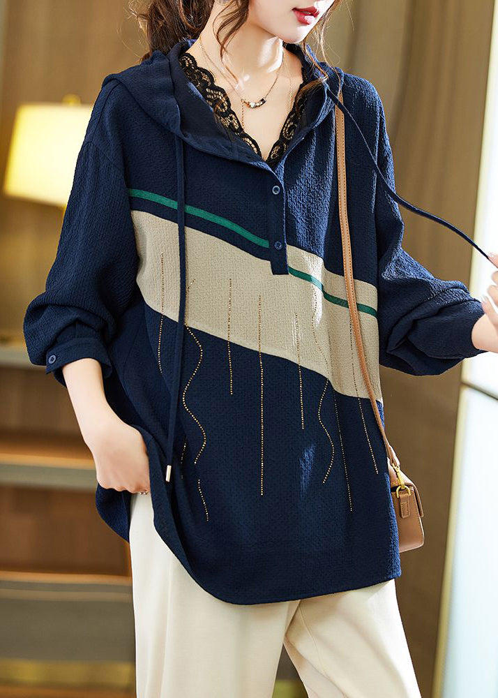 Loose Navy Hooded Button Zircon Patchwork Top Fall Ada Fashion