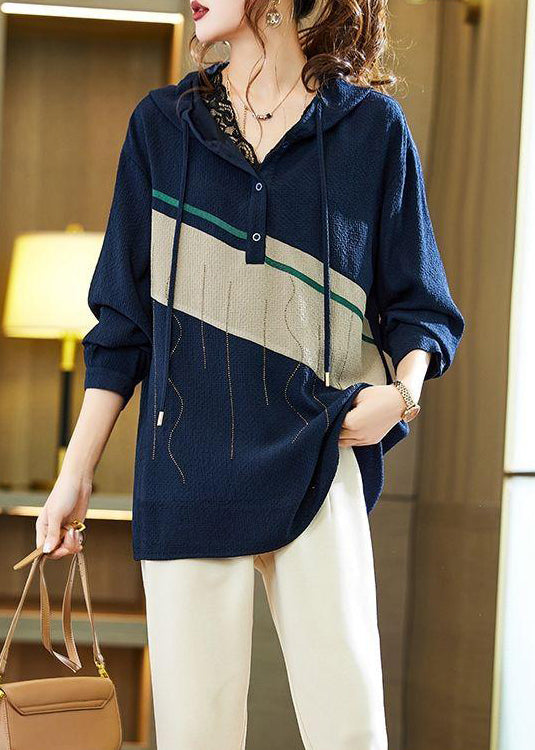 Loose Navy Hooded Button Zircon Patchwork Top Fall Ada Fashion